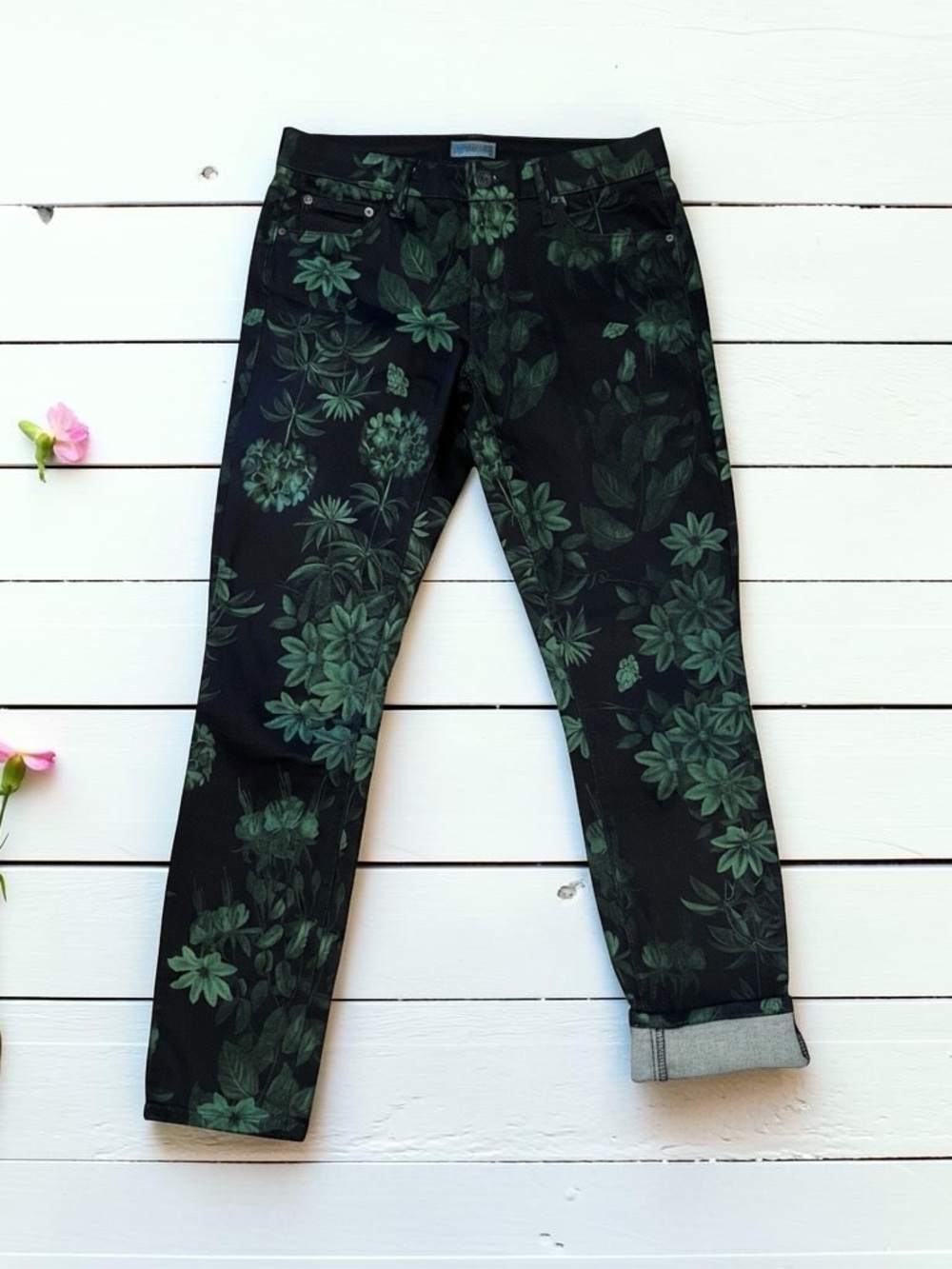 MOTHER Black Skinny Jeans with Green Botanical Print